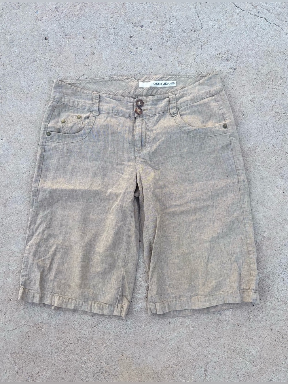 Vintage Y2K DKNY Tan Linen Cotton Tweed Bermuda Shorts Size 8
